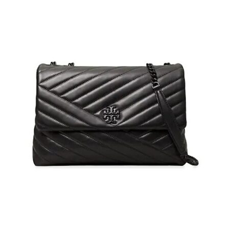 TORY BURCH KIRA CHEVRON POWDER COATED CONVERTIBLE SHOULDER BAG BLACK/SILVER