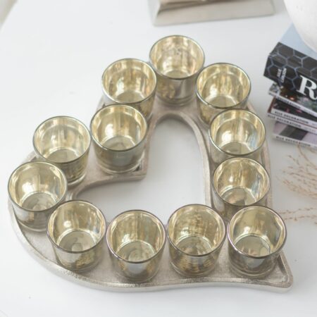 Cast Aluminium Heart Tray With Silver Glass Votives